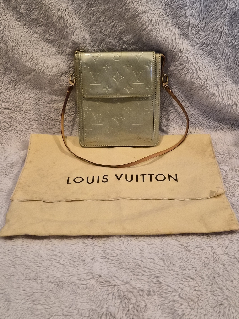 Louis Vuitton Green/Gold Vernis Embossed Bag with Tan Strap With Dust Bag